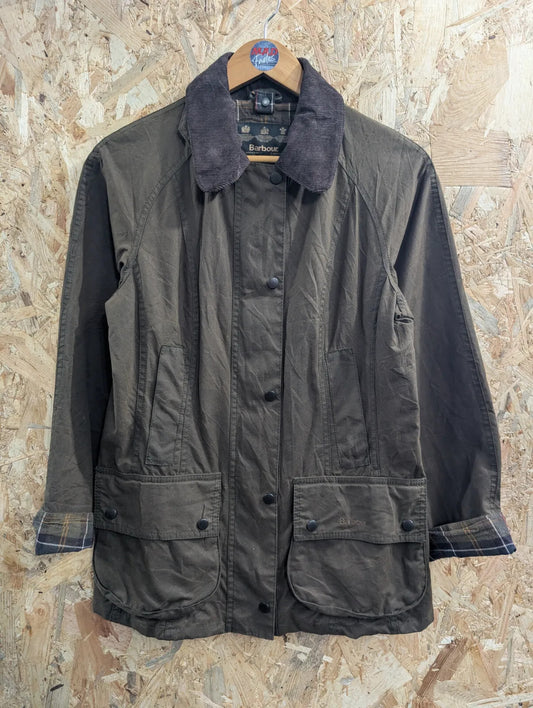 Barbour Classic Beadnell Waxed Jacket Womens UK8 Olive Green Cotton Cord Collar