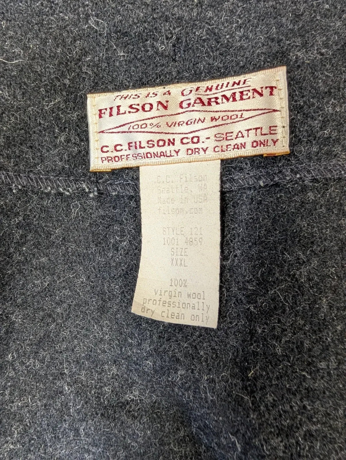 Filson Mackinaw Wool Vest XXXL Charcoal Grey Zip # 121 Liner Gilet Body Warmer