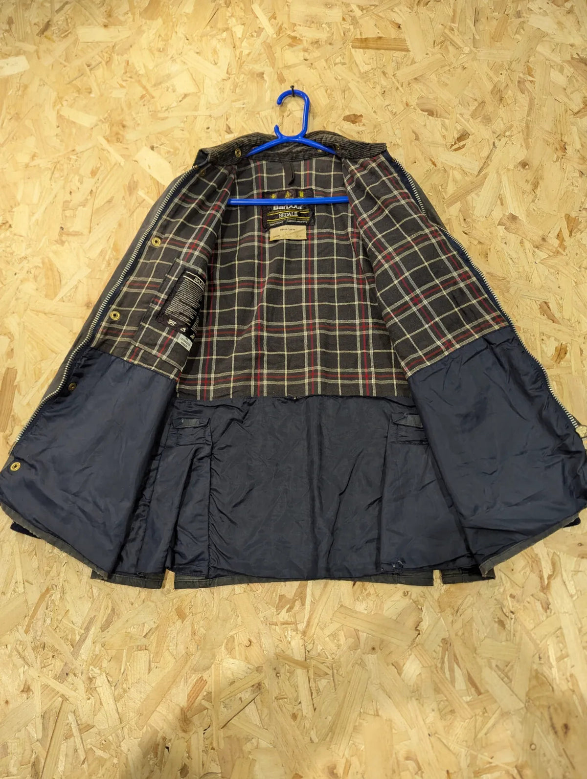 Vintage Barbour Bedale Wax Jacket Men XS C34 Navy Blue Cotton Tartan 80s England