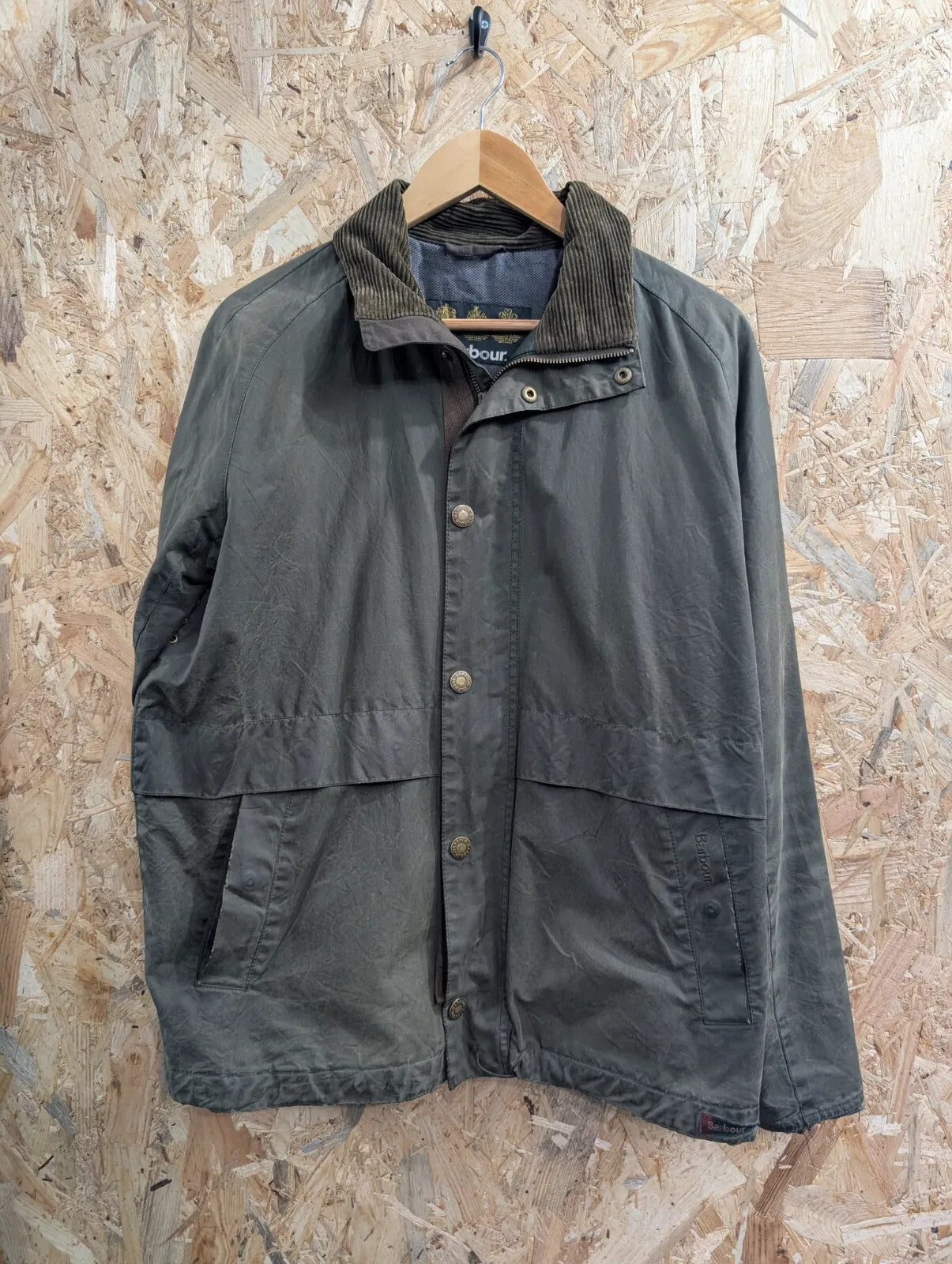 Barbour Sark Jacket Mens Medium Olive Green Waxed Cotton Quilted Cord Collar