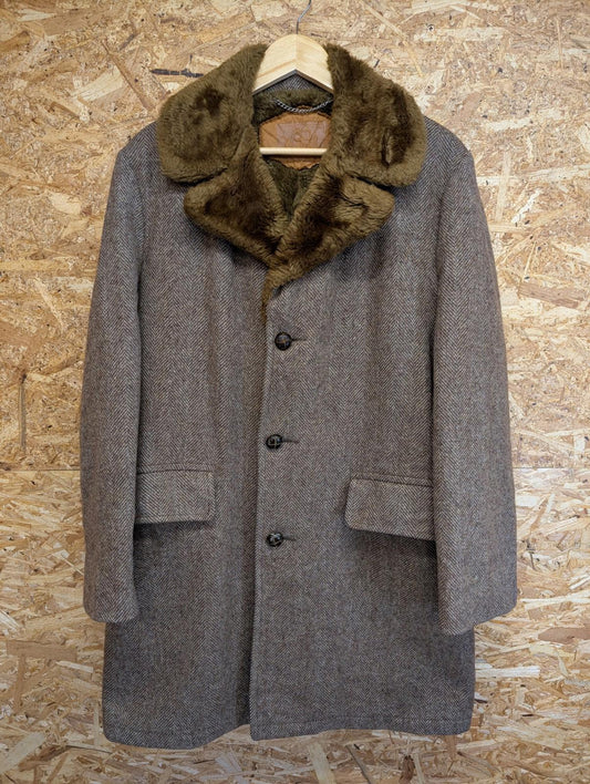 Woolrich Long Coat Medium Men Herringbone Wool Tweed Beige Brown USA Vintage 70s