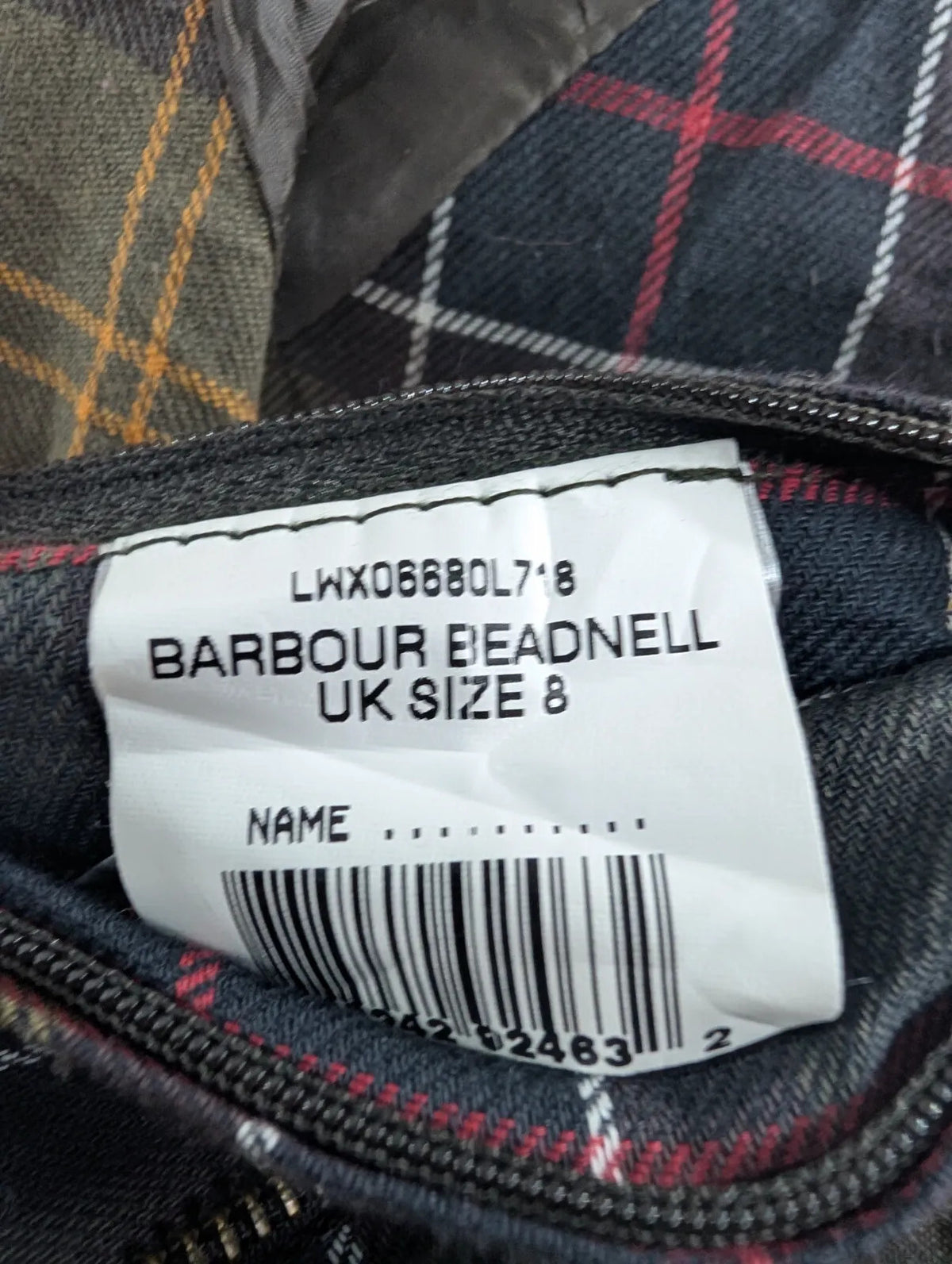 Barbour Beadnell Wax Jacket Womens UK8 Dark Olive Green Cotton Tartan Liner Cord