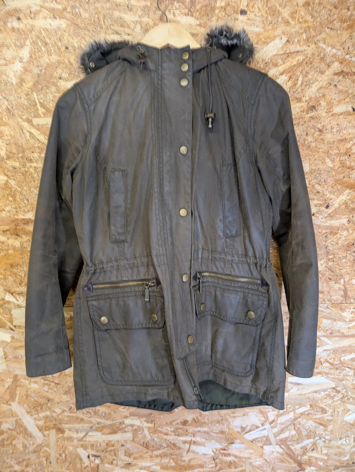 Barbour Kelsall Hooded Wax Jacket Womens UK10 Olive Green Padded Fleece Hood
