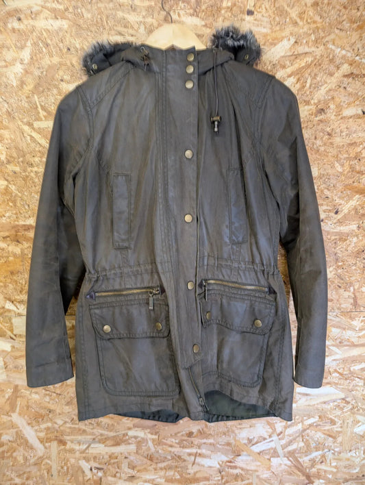 Barbour Kelsall Hooded Wax Jacket Womens UK10 Olive Green Padded Fleece Hood