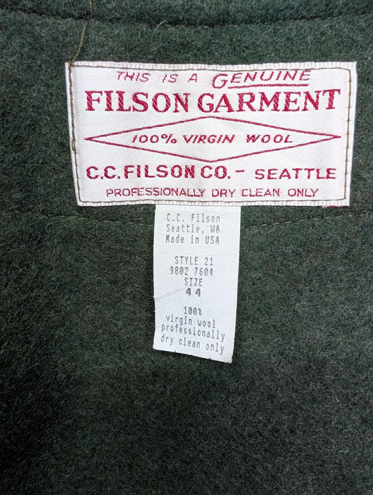 Filson Mackinaw 21 Wool Vest Men 44 XL Forest Green Snap Liner Gilet Body Warmer