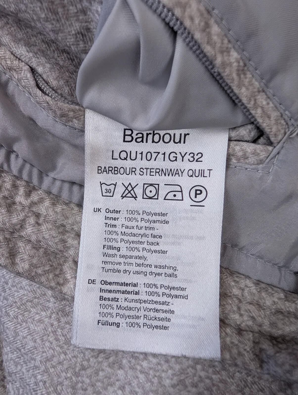 Barbour Sternway Quilted Coat Size 12 Womens White Grey Hooded Parka Beacon Long