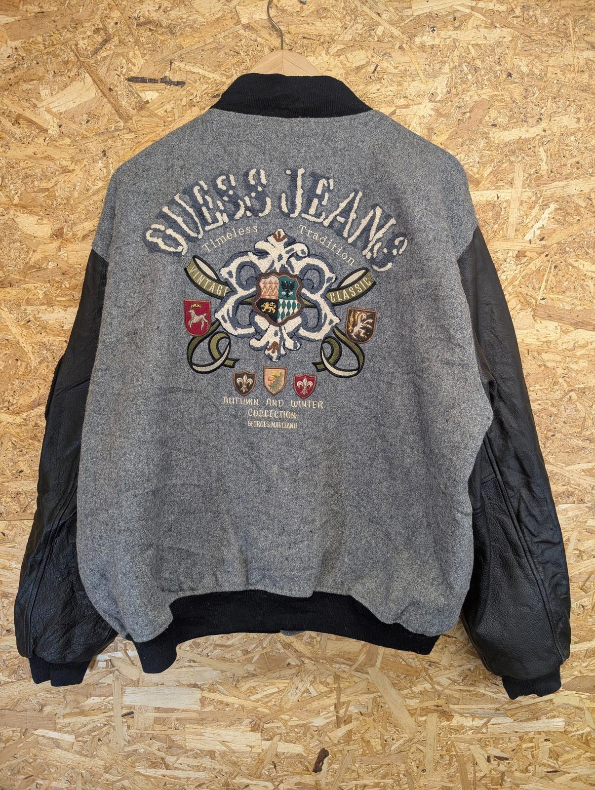 Guess Jeans Varsity Jacket Large Men Vintage 90s Wool Blend Leather Grey Black