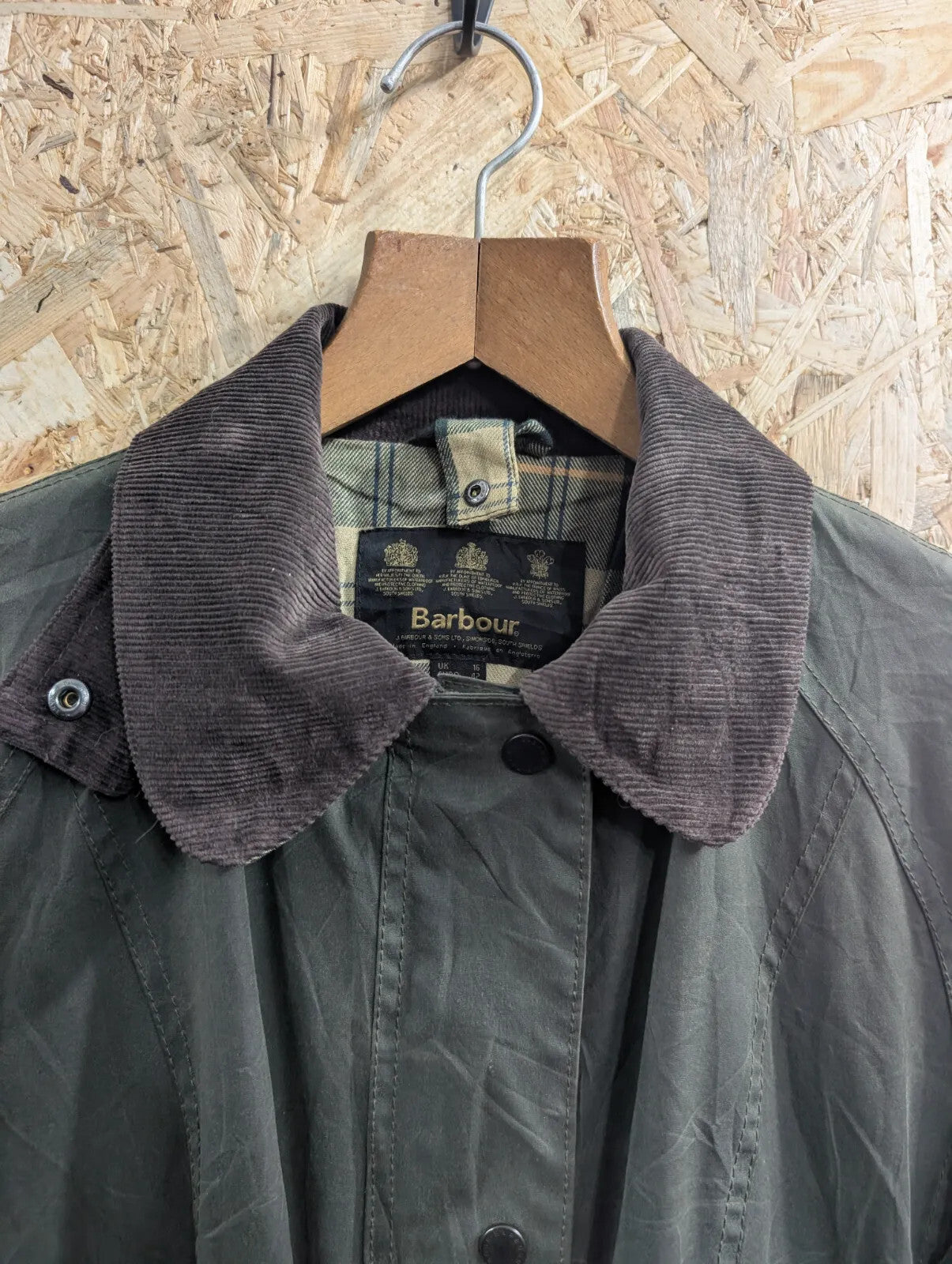 Barbour Waxed Jacket Womens UK16 Dark Green Cotton Cord Collar Beadnell Tartan