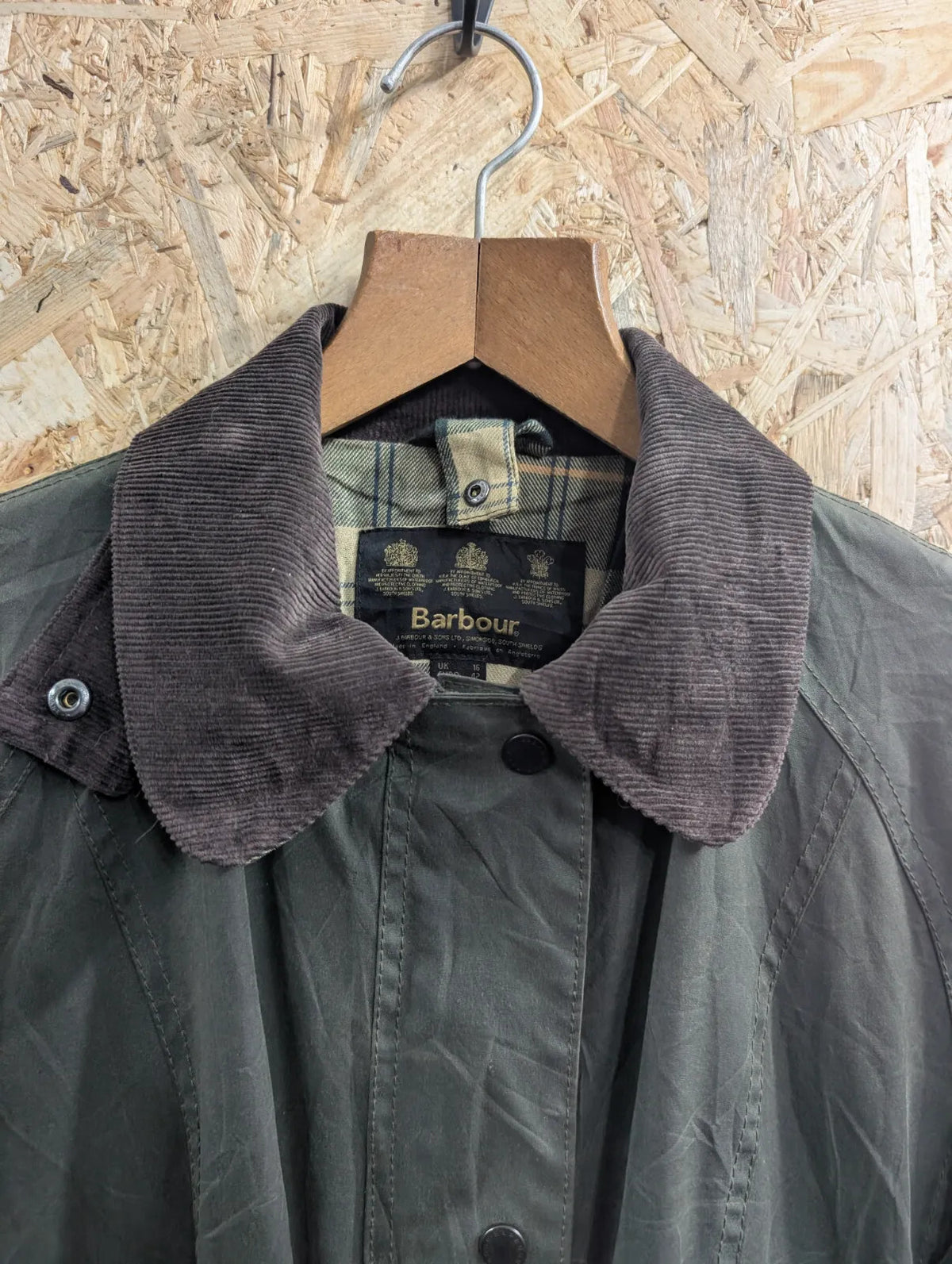 Barbour Waxed Jacket Womens UK16 Dark Green Cotton Cord Collar Beadnell Tartan