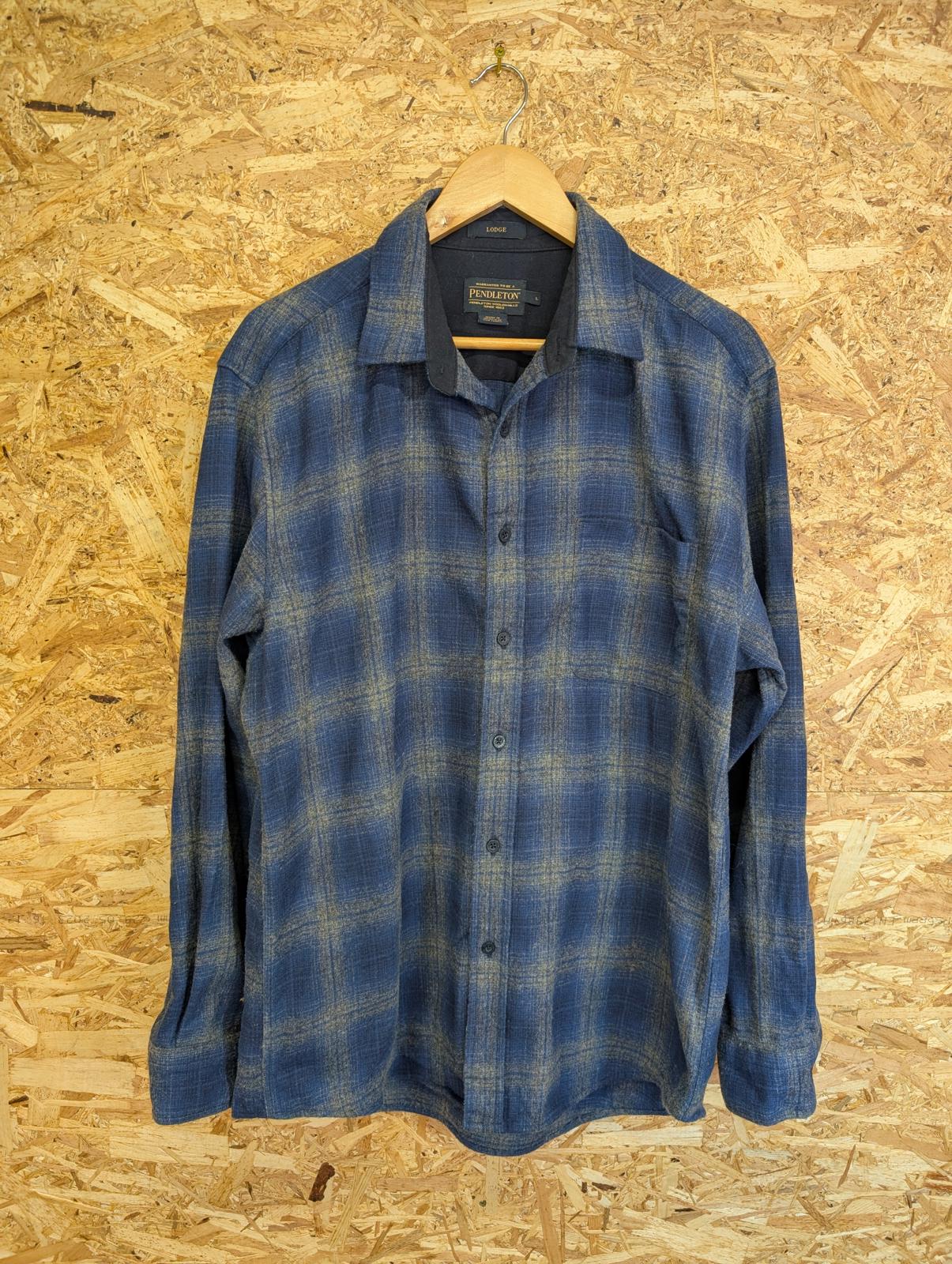 Pendleton Lodge Shirt Mens Large Navy Blue Grey Check Plaid Wool USA