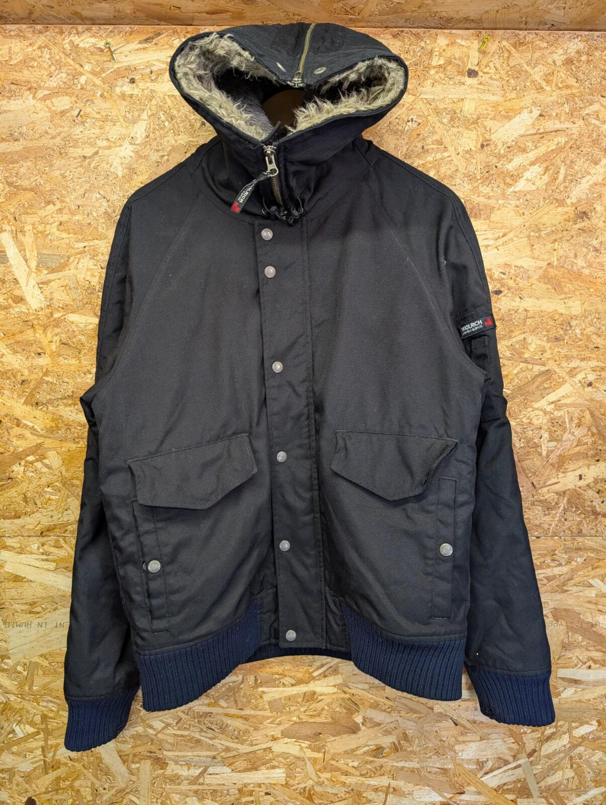 Woolrich Hooded Bomber Jacket Mens Medium Black Thermolite Canvas Fleece Snorkel