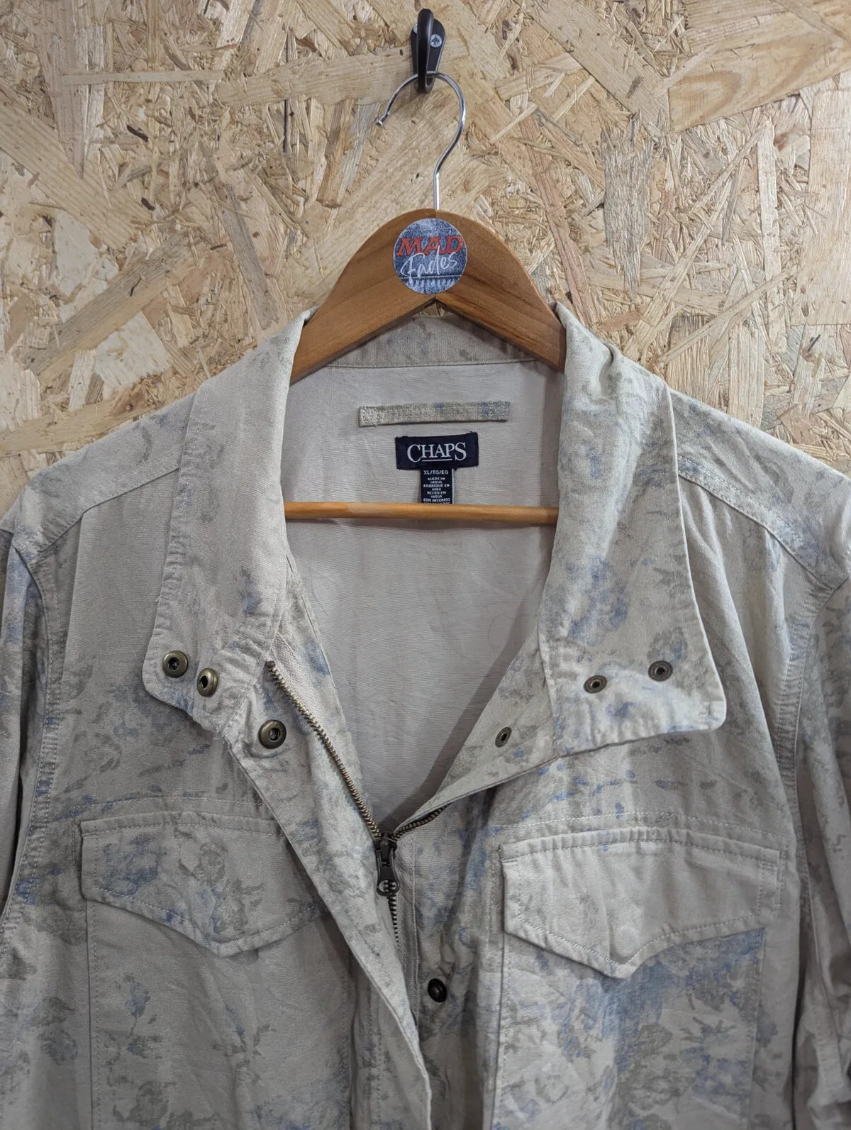 Vintage Chaps Field Jacket Mens XL Beige Blue Grey Cotton Abstract Print RL Polo