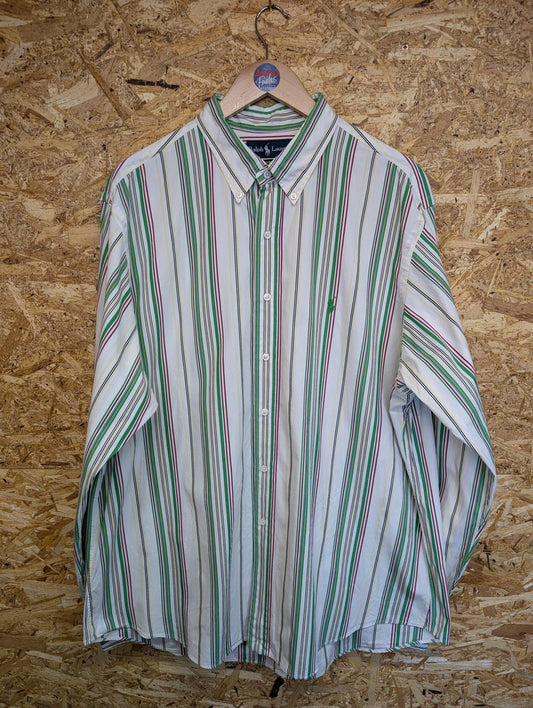 Ralph Lauren Shirt 18" 2XL White Green Stripe Long Sleeve Cotton Custom Fit