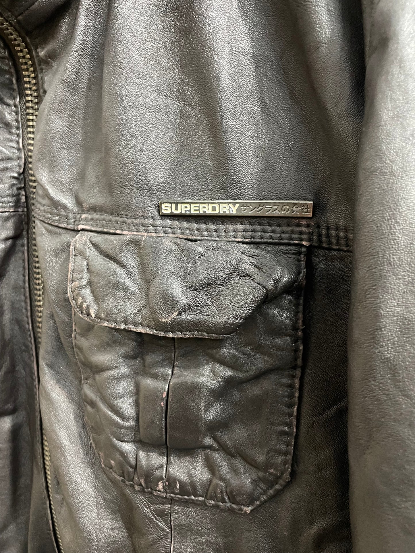 Superdry Brad Genuine Leather Cafe Racer Brown Biker Jacket Pocket Zip Large