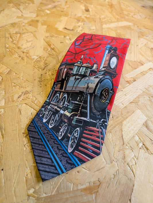 Ralph Marlin Time Of The Steam Train Tie 57" 145cm 90s Vintage 1994 Made In USA