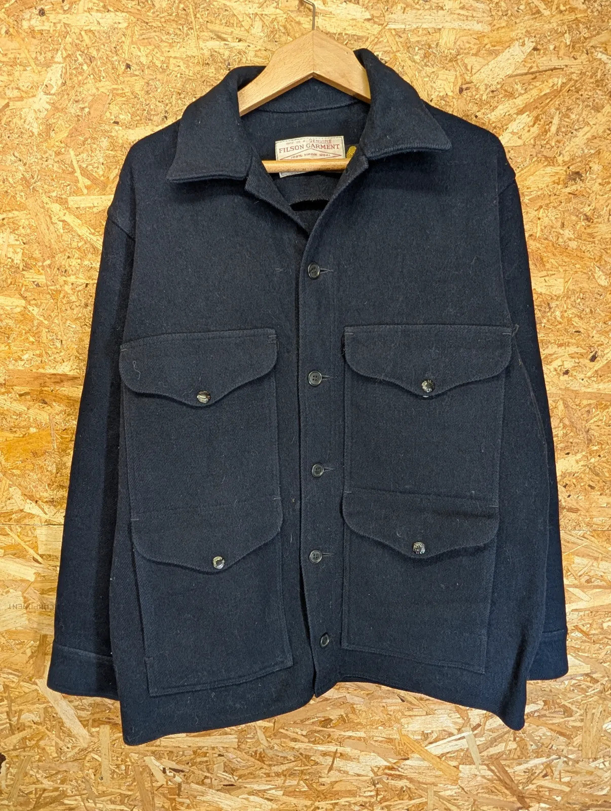 Filson Mackinaw Wool Cruiser Jacket Mens XL 44 Navy Blue USA Elbow Pads Vintage