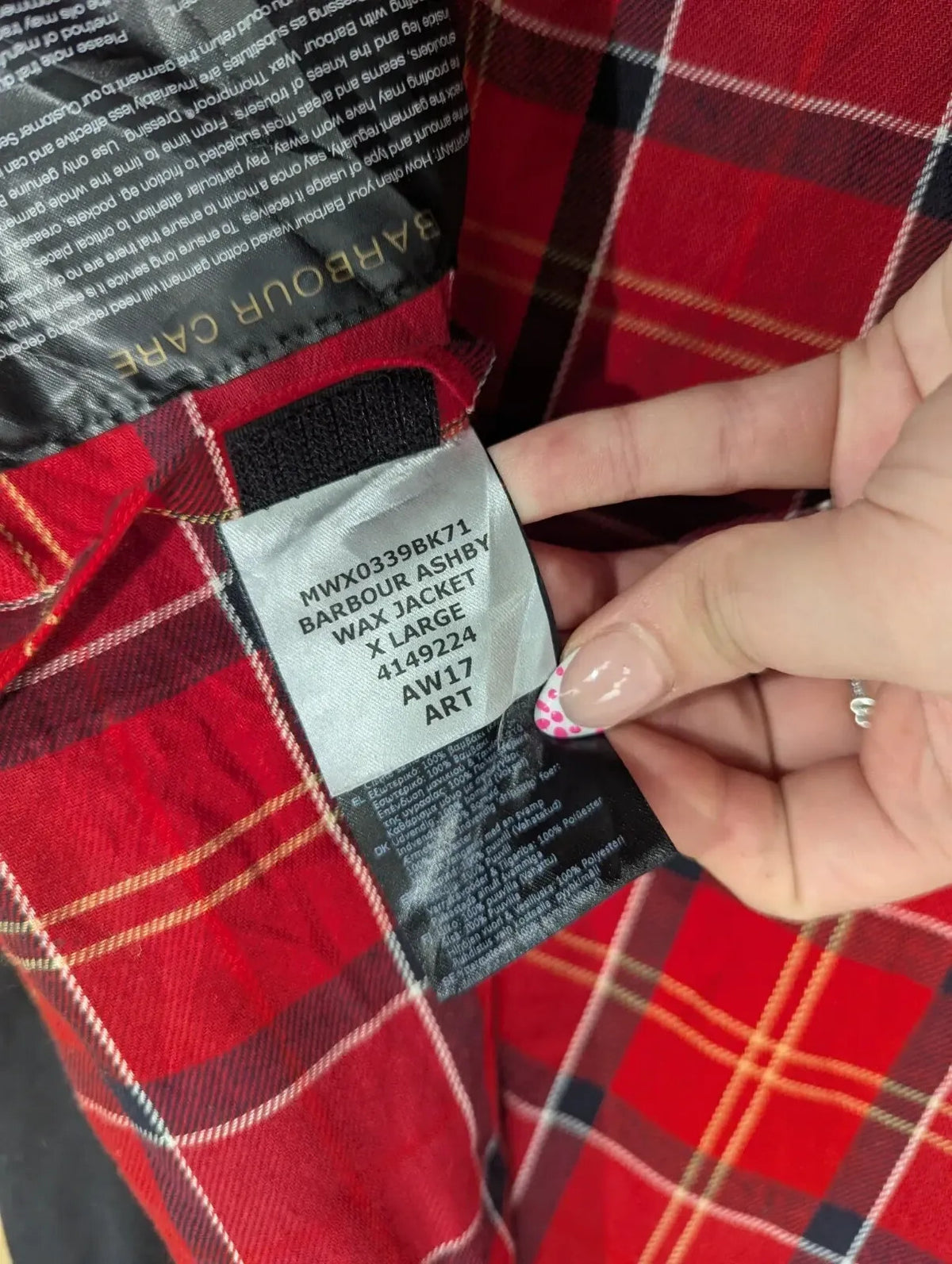 Barbour Ashby Wax Jacket Mens XL Black Cotton Red Check Liner Corduroy Collar