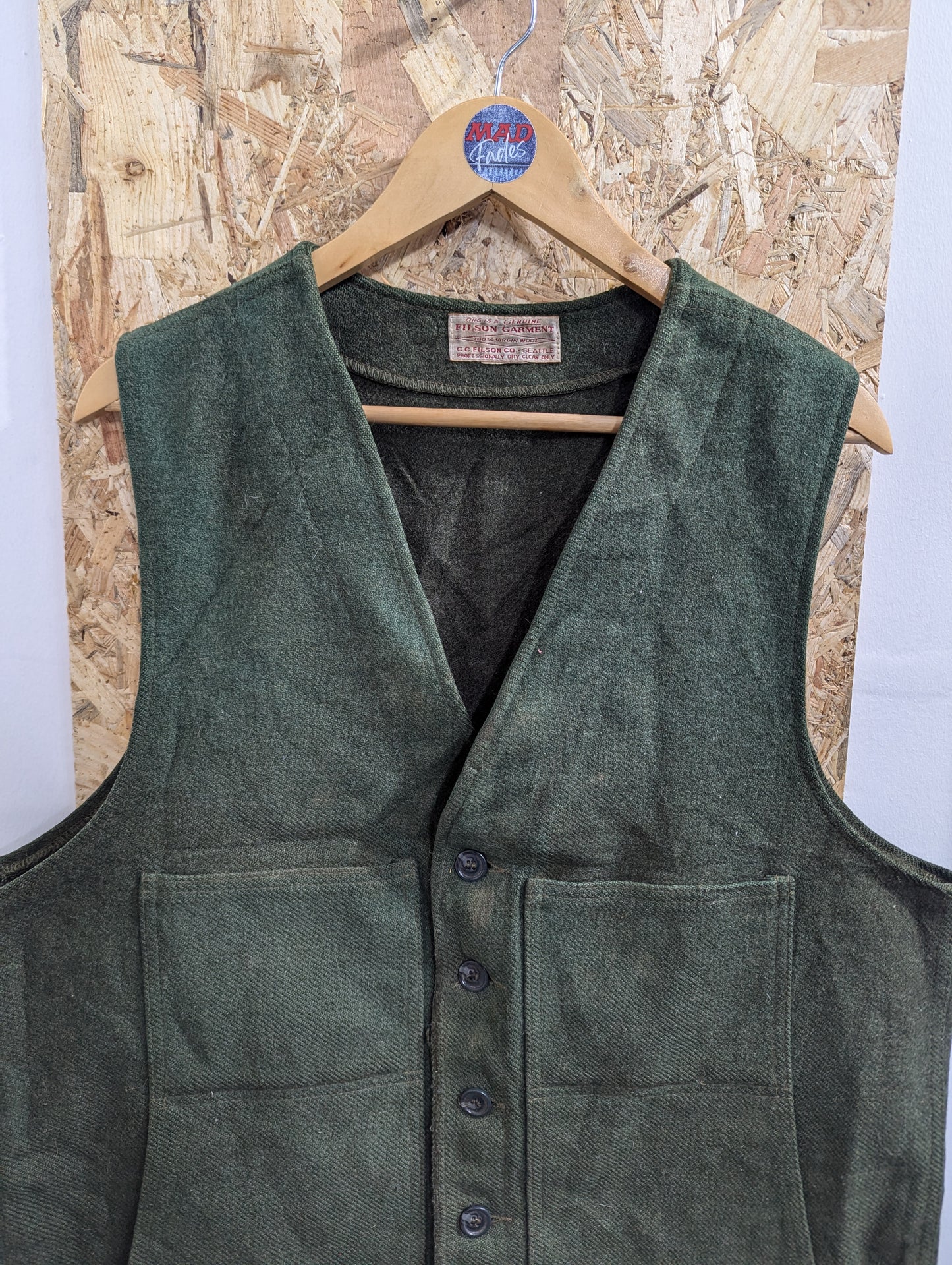 Filson Mackinaw Vest Green Wool Outdoor Vest Gilet Body Warmer Mens 44 XL