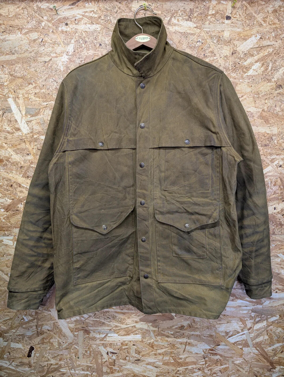 Filson Tin Cloth Cruiser Field Jacket Men Medium Long Brown Snap Double USA Tan