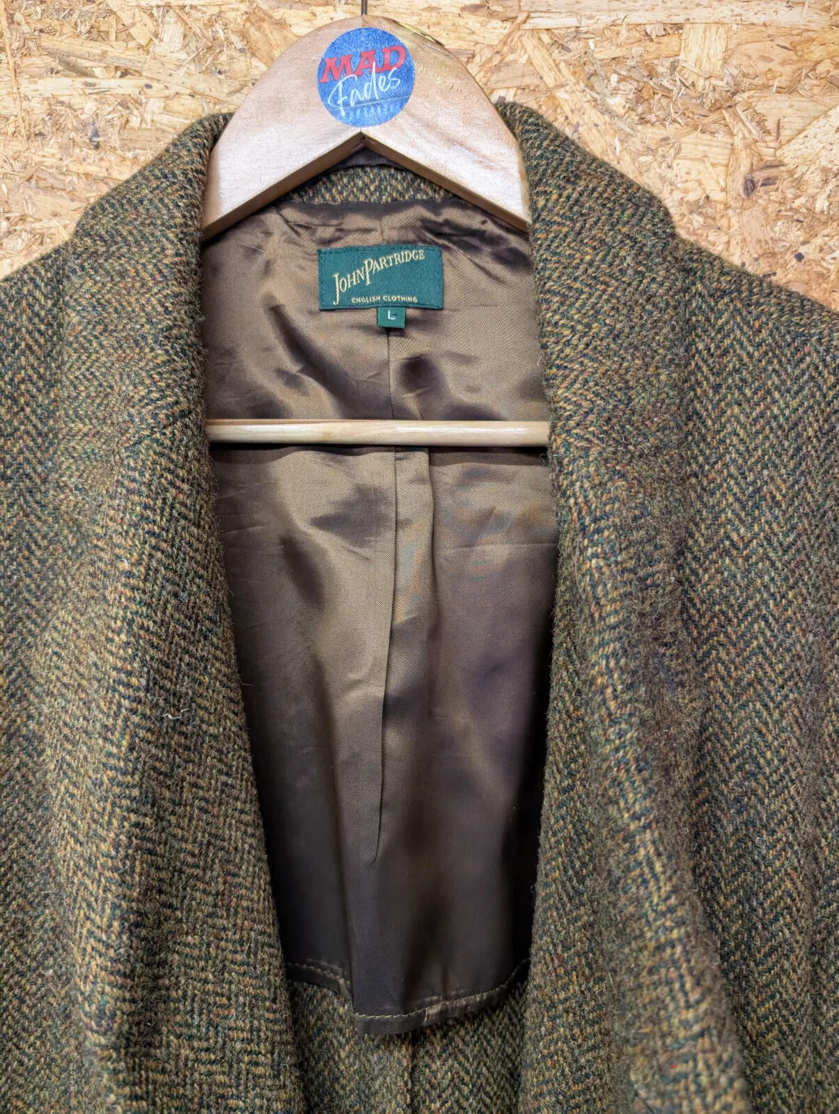 John Partridge Tweed Chore Jacket Mens Large Brown Green Island Wool Herringbone
