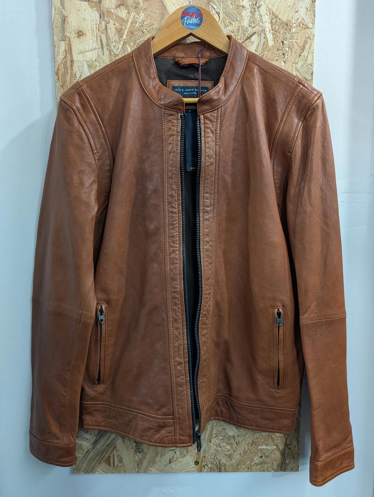 Jack & Jones Jacket Small Men JPR Russell Leather Biker Cognac Brown Tan Cafe