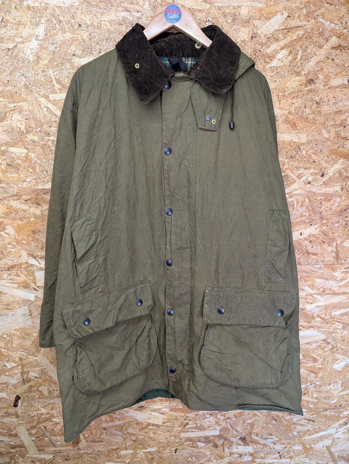 Vintage Barbour Border Hooded Wax Jacket Mens XL 44in 2 Royal Crest Warrants 80s