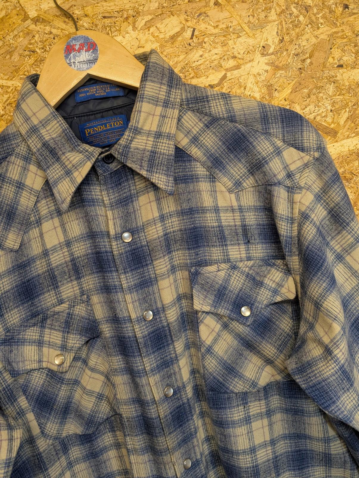 Pendleton Wool Shirt Medium Men Long Sleeve Plaid Western Blue Check Pearl Snap