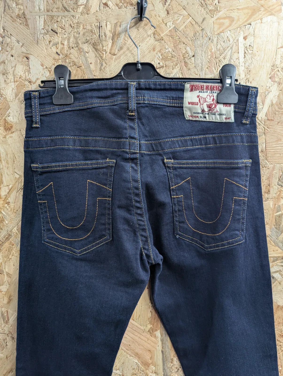 True Religion Slim Jeans Mens W32 L32 Navy Blue Straight Denim Button USA Made