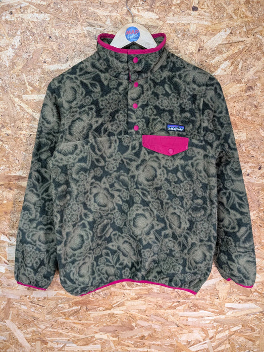 Patagonia Synchilla Fleece Womens XS Green Lotus Flower Snap-T Pink Trim Retro