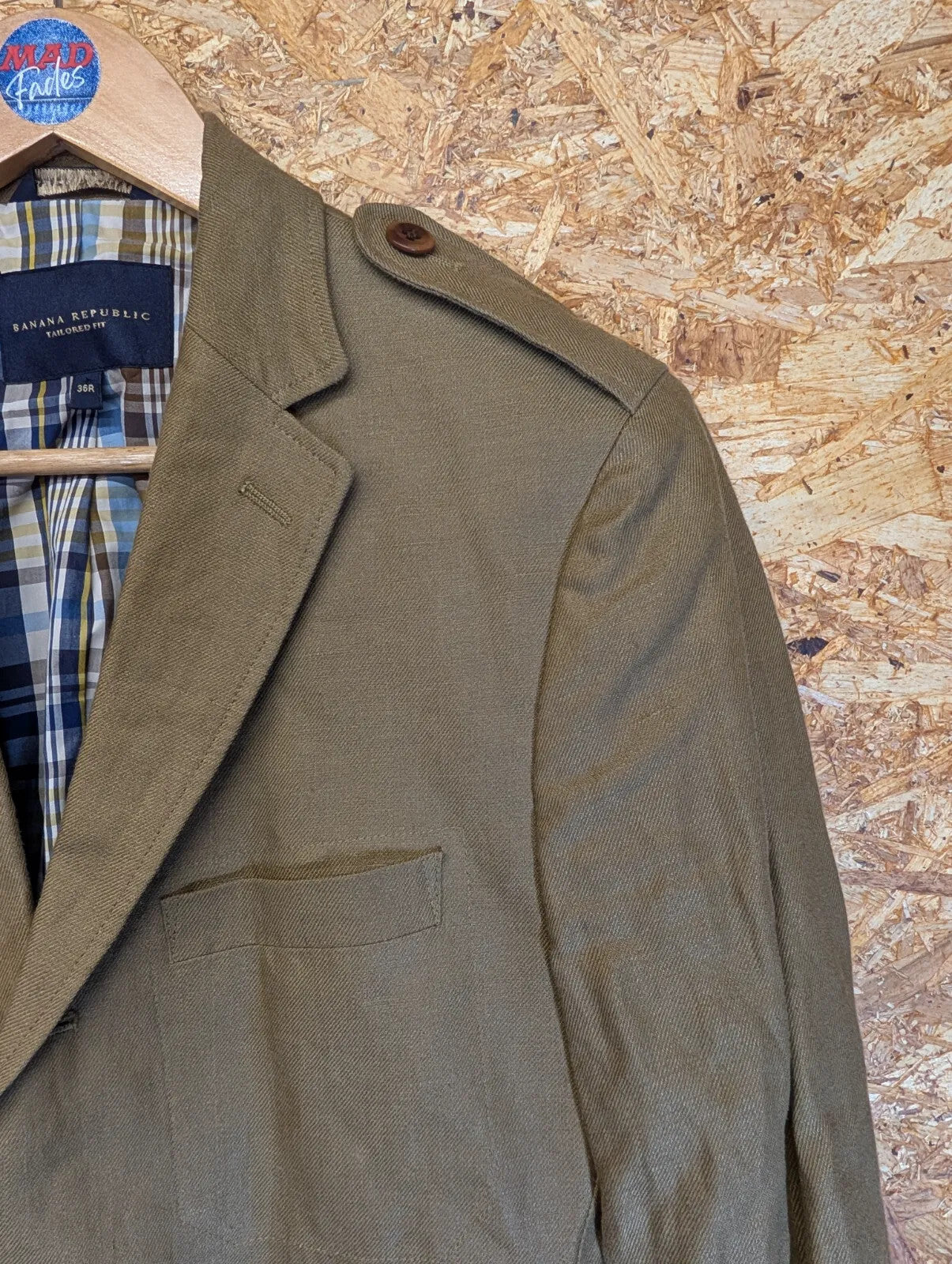 Banana Republic Blazer Mens 36 Small Khaki Olive Flax Linen Check Tailored Fit