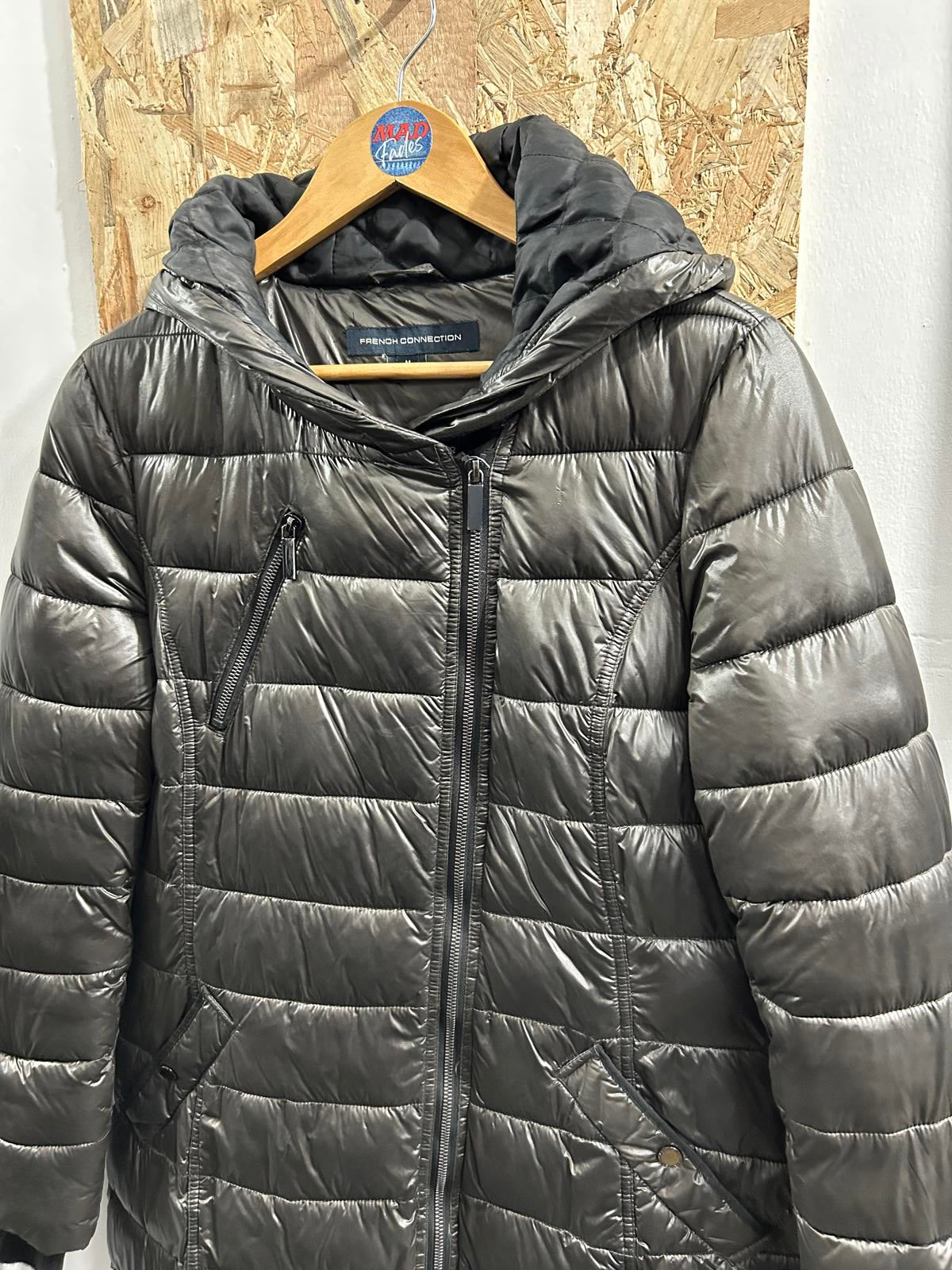 French Connection Womens Medium Puffer Warm Padded Longline Jacket Metallic