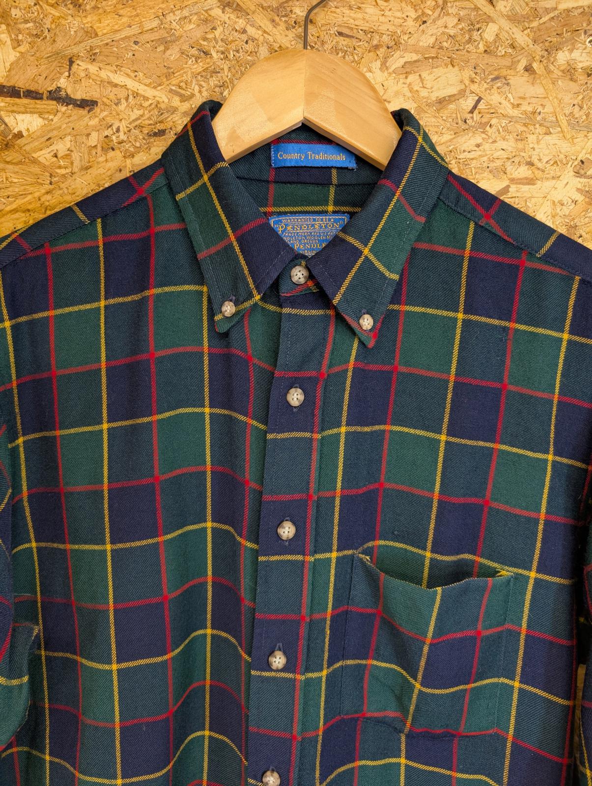 Pendleton Country Traditionals Shirt Large Navy Blue Green Plaid Wool Made USA