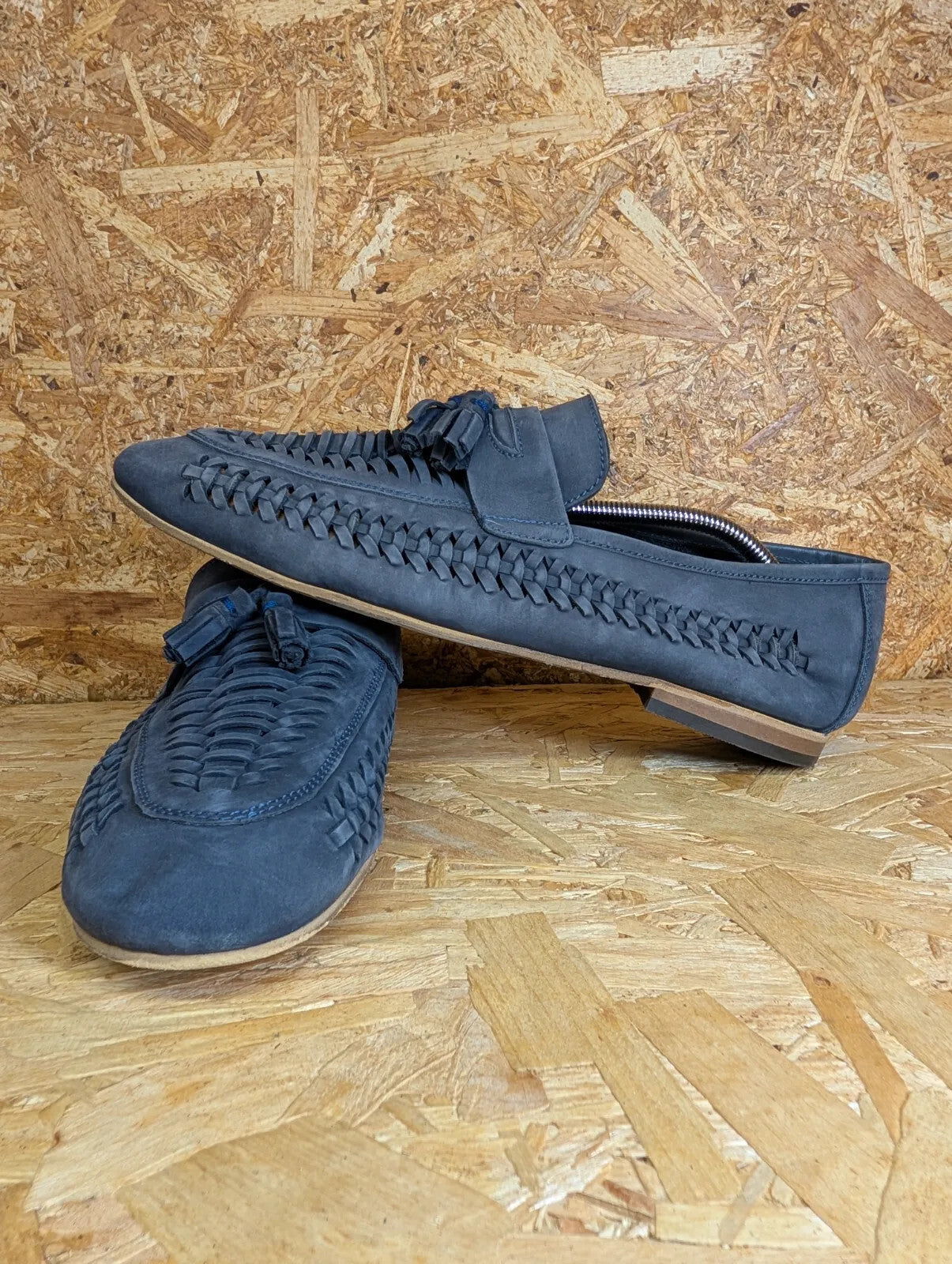 Dune London Badgers Slip On Loafers Mens UK 11 Navy Blue Leather Tassel Woven