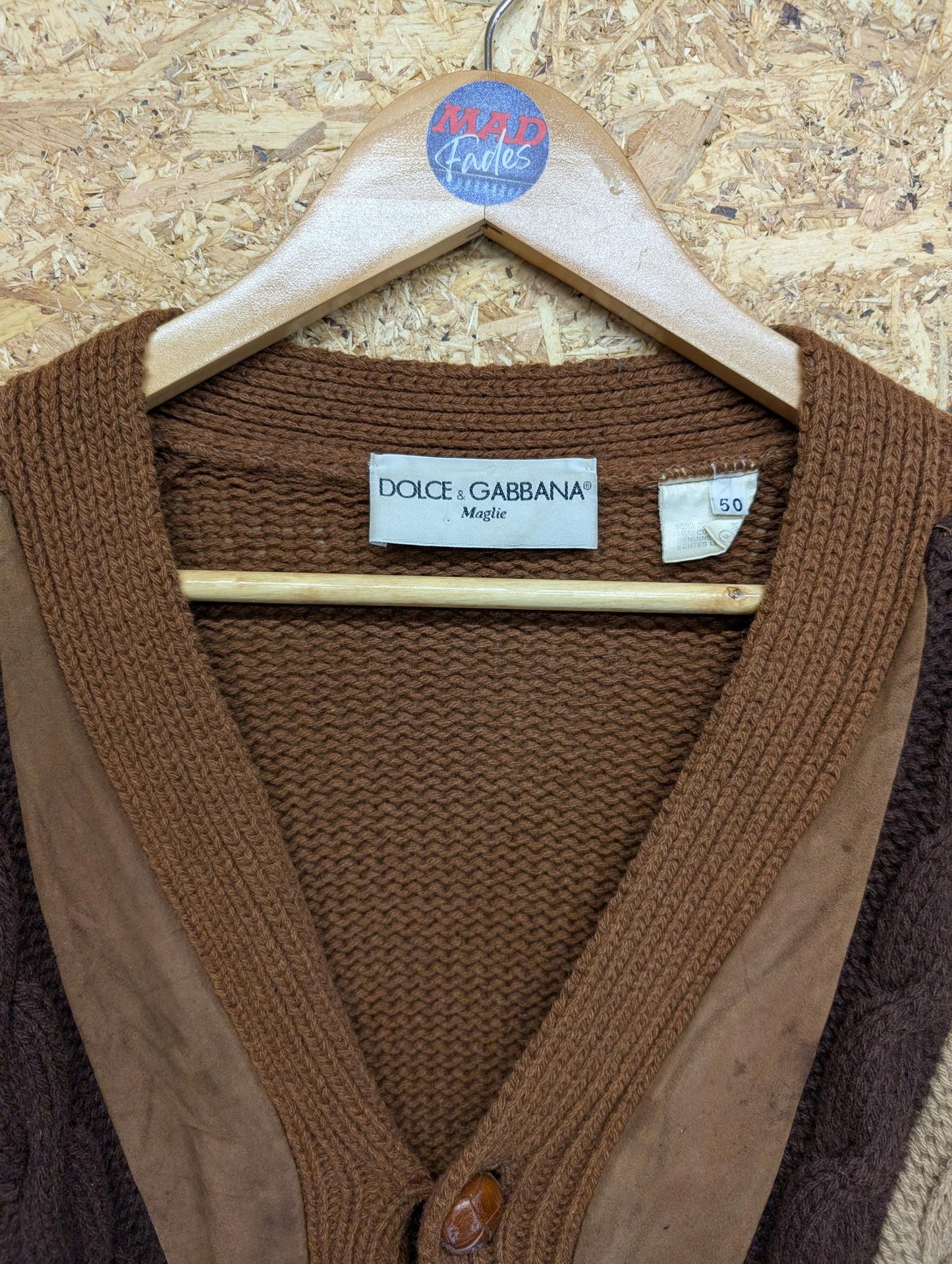 Dolce & Gabbana Large Cable Knit Cardigan Vintage 80s Brown Wool Leather Suede