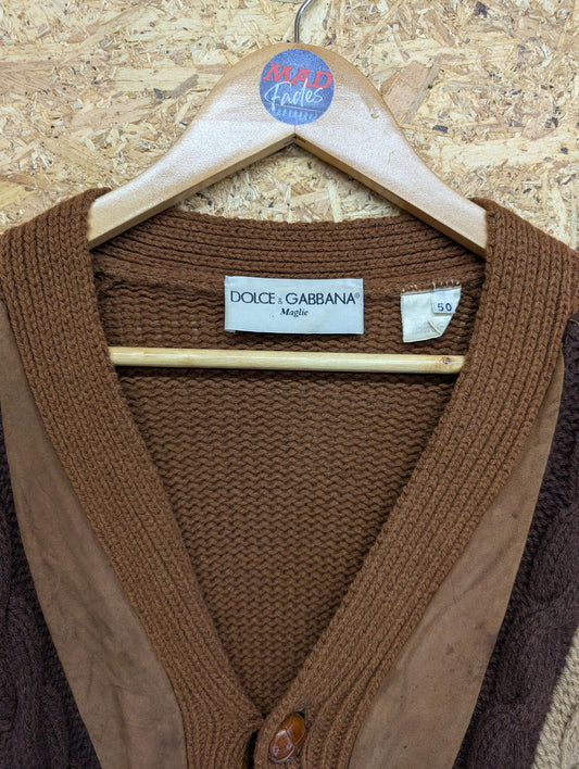 Dolce & Gabbana Large Cable Knit Cardigan Vintage 80s Brown Wool Leather Suede