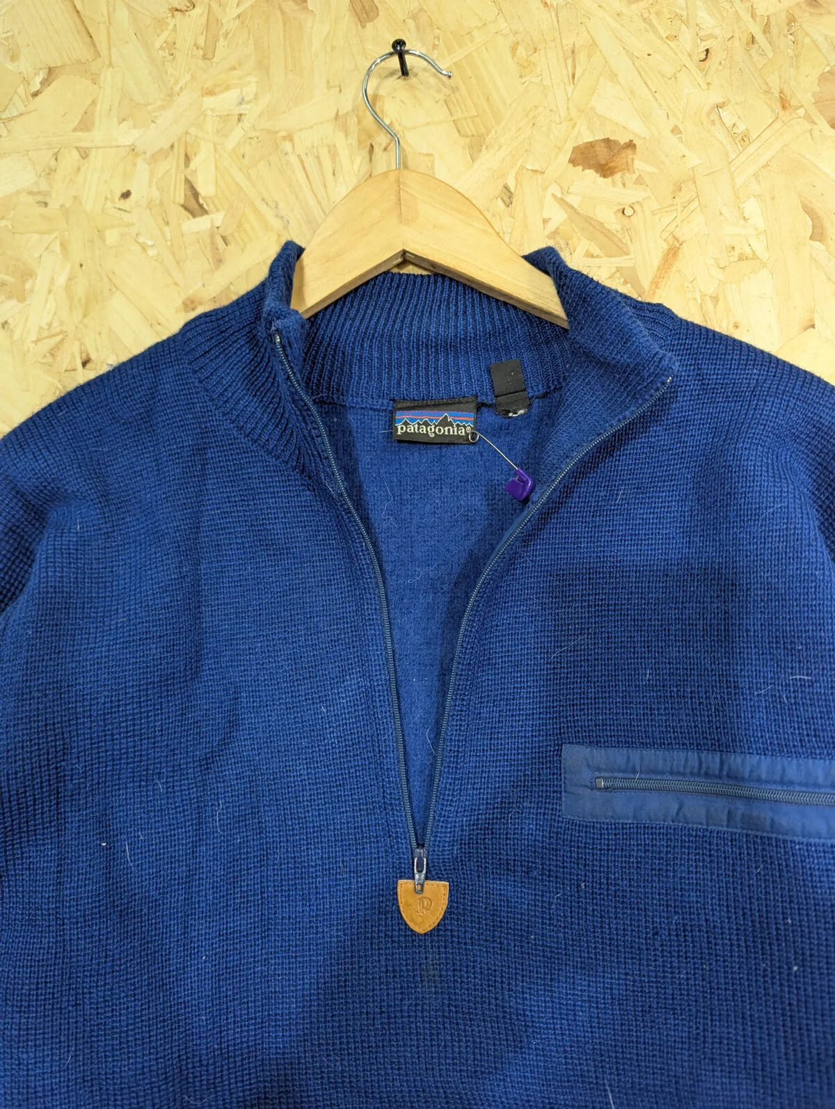 Patagonia Alpinist Heavy Wool Sweater Mens Large Blue Mock Neck Pocket Vintage