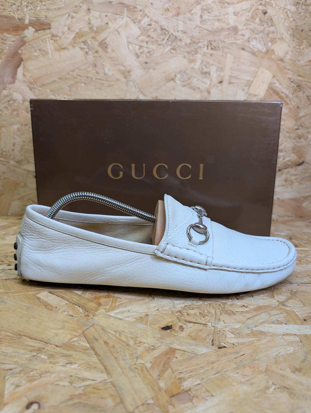 Gucci Loafers Mens 9 UK 43 EU White Full Grain Leather Driving Shoes Buckle