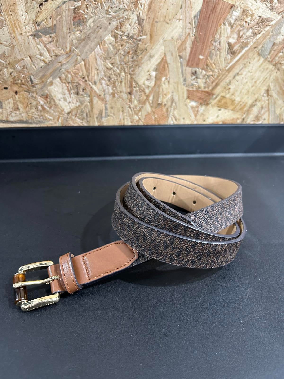 Michael Kors Belt XL Womens Mk Logo Signature Square Gold Buckle Brown Vegan