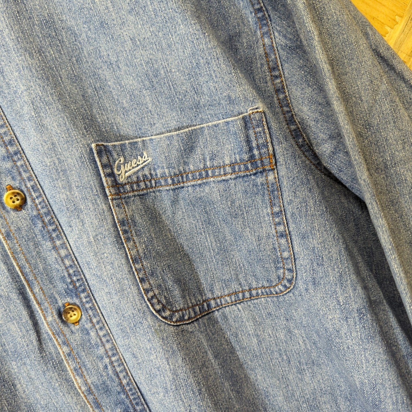 Guess Vintage 90s Denim Shirt Stonewashed Blue Wash Jean Pocket Mens Size Large