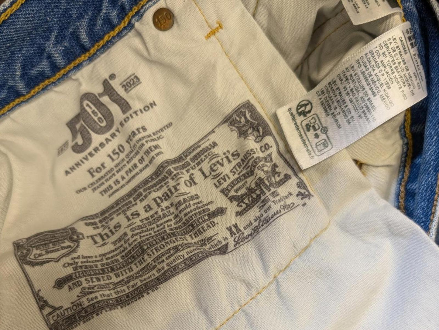 Levis 501 Jeans Womens Size 14-16 W34 L30 150th Anniversary Patchwork Blue
