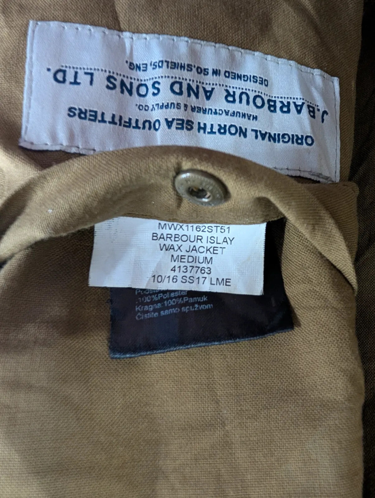Barbour Islay Dry Wax Jacket Mens Medium Tan Brown Cotton Canvas Corduroy Collar