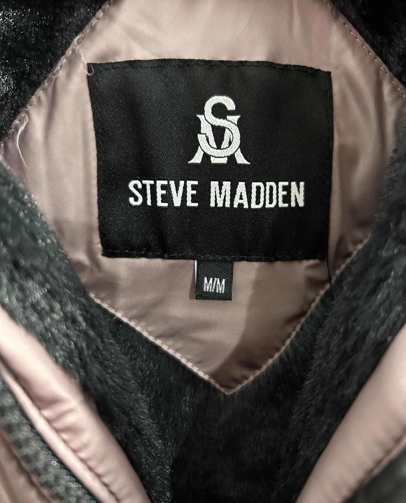 Steve Madden Parka Women Medium 10-12 Pink Black Quilted Puffer Hooded Coat