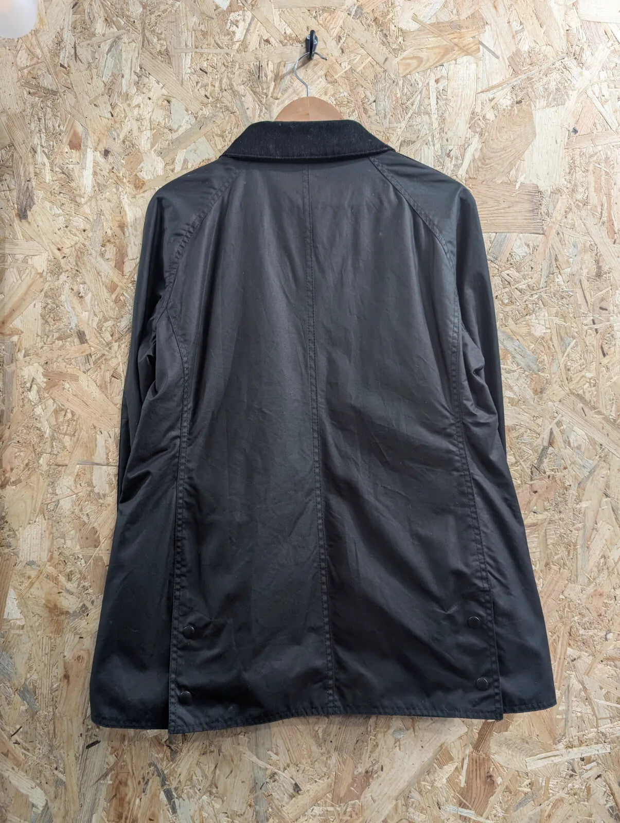 Barbour Beadnell Wax Jacket Womens UK16 Black Cotton Plaid Tartan Cord Chinstrap