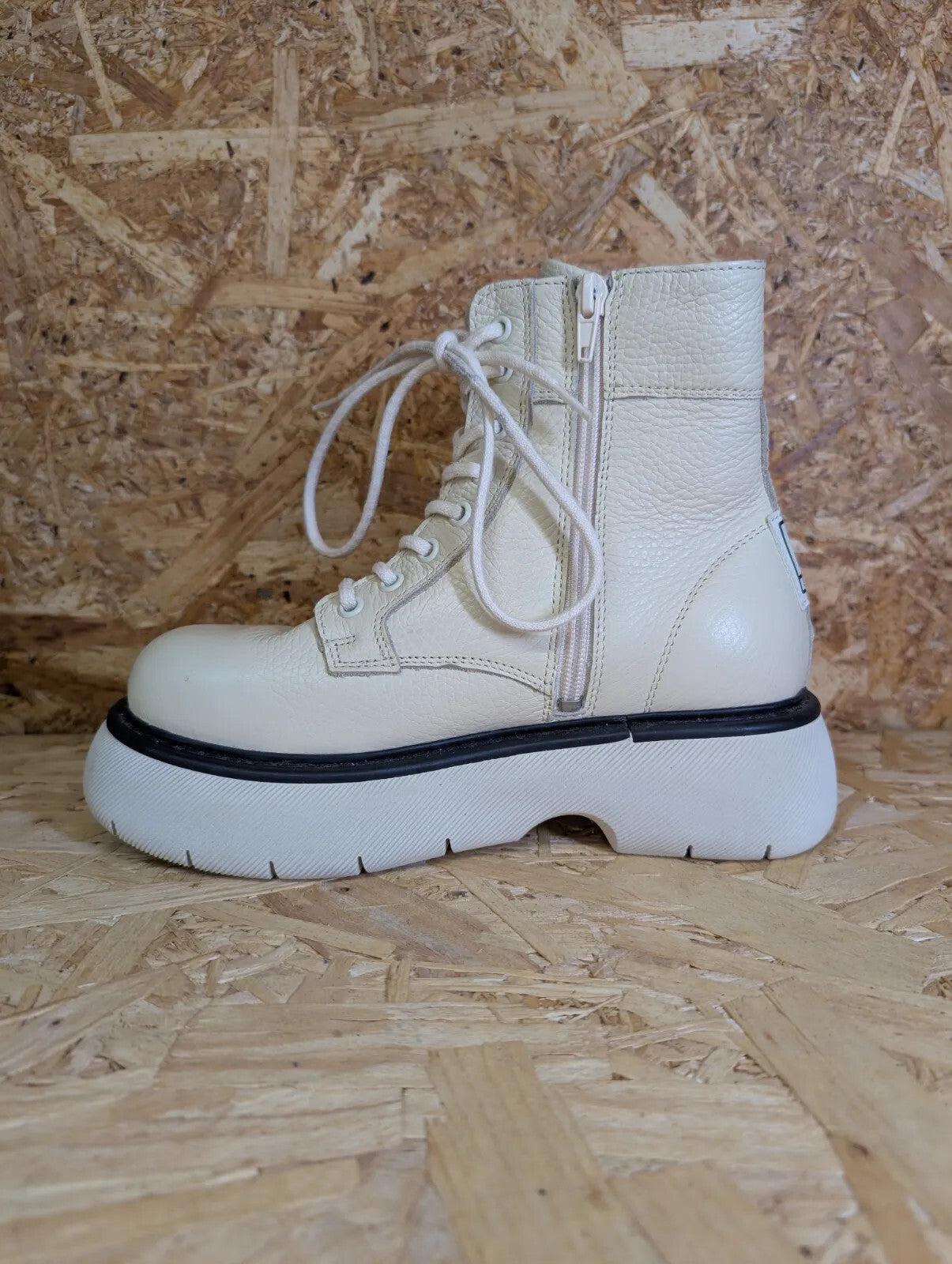 Steve Madden Wanny Ankle Boots Womens UK3 Cream Leather Platform Chunky Lace Zip