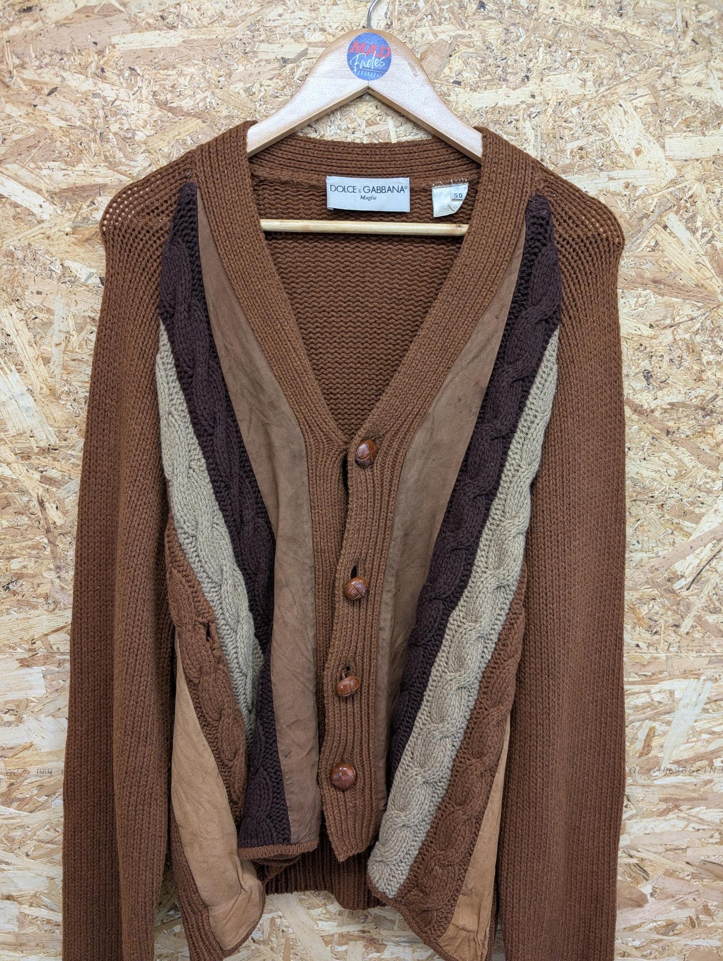 Dolce & Gabbana Large Cable Knit Cardigan Vintage 80s Brown Wool Leather Suede