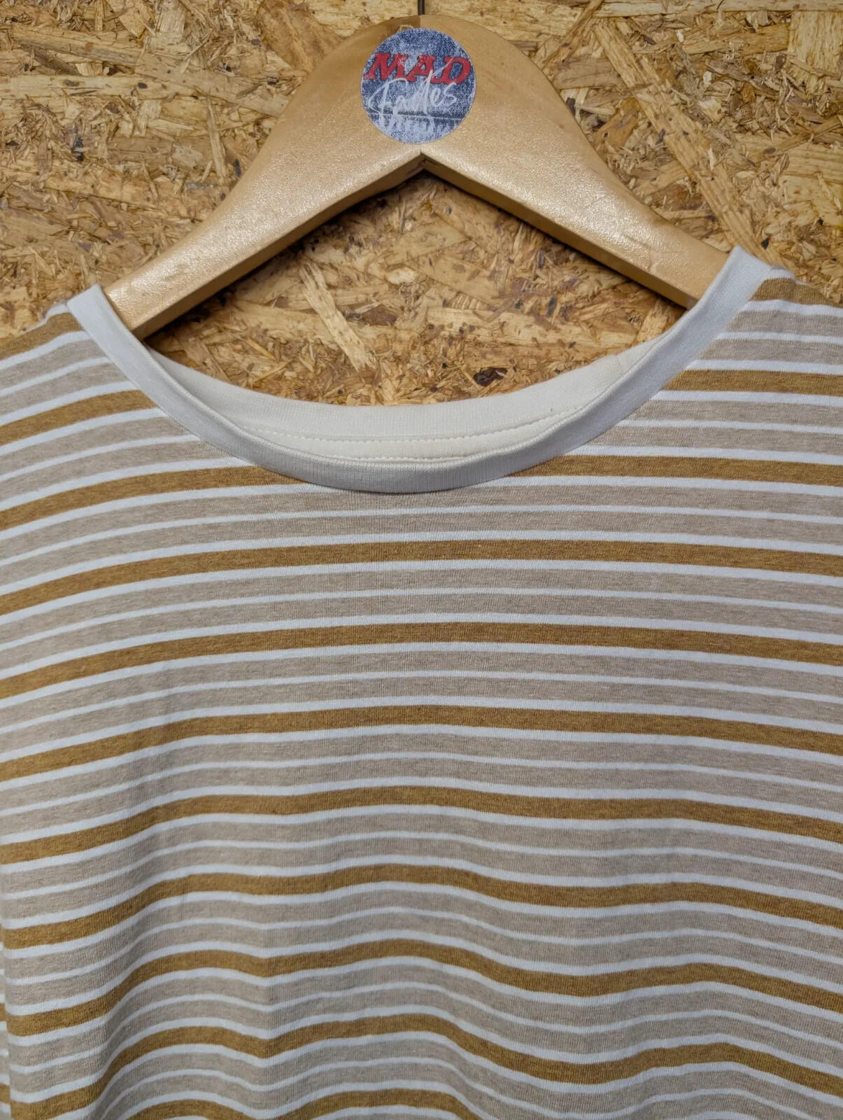Folk Clothing Crew Neck T-Shirt Large White Beige Mustard Stripe Short Sleeve