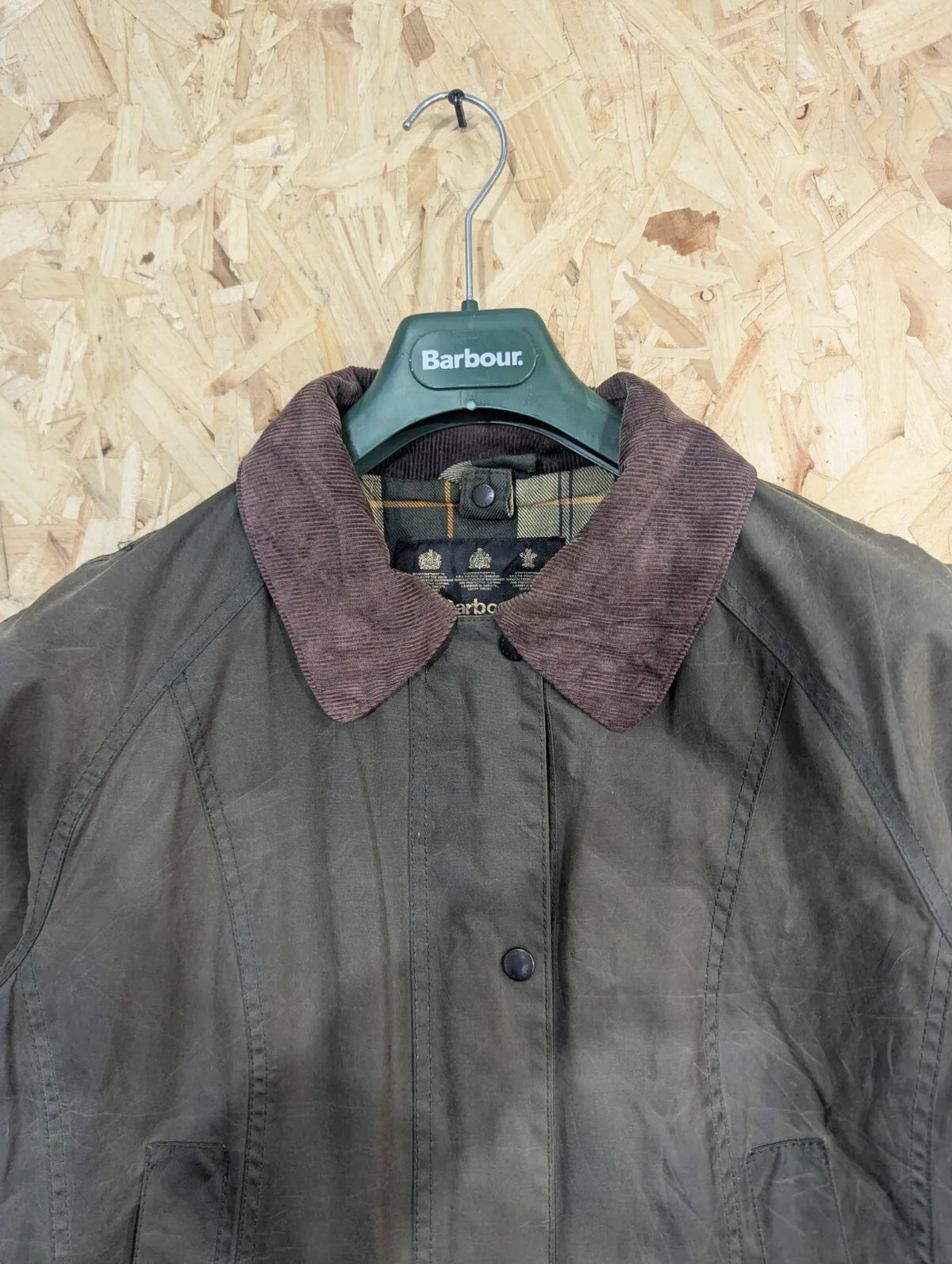 Barbour Beadnell Wax Jacket Womens UK16 Green Cotton Tartan Lining Cord Collar