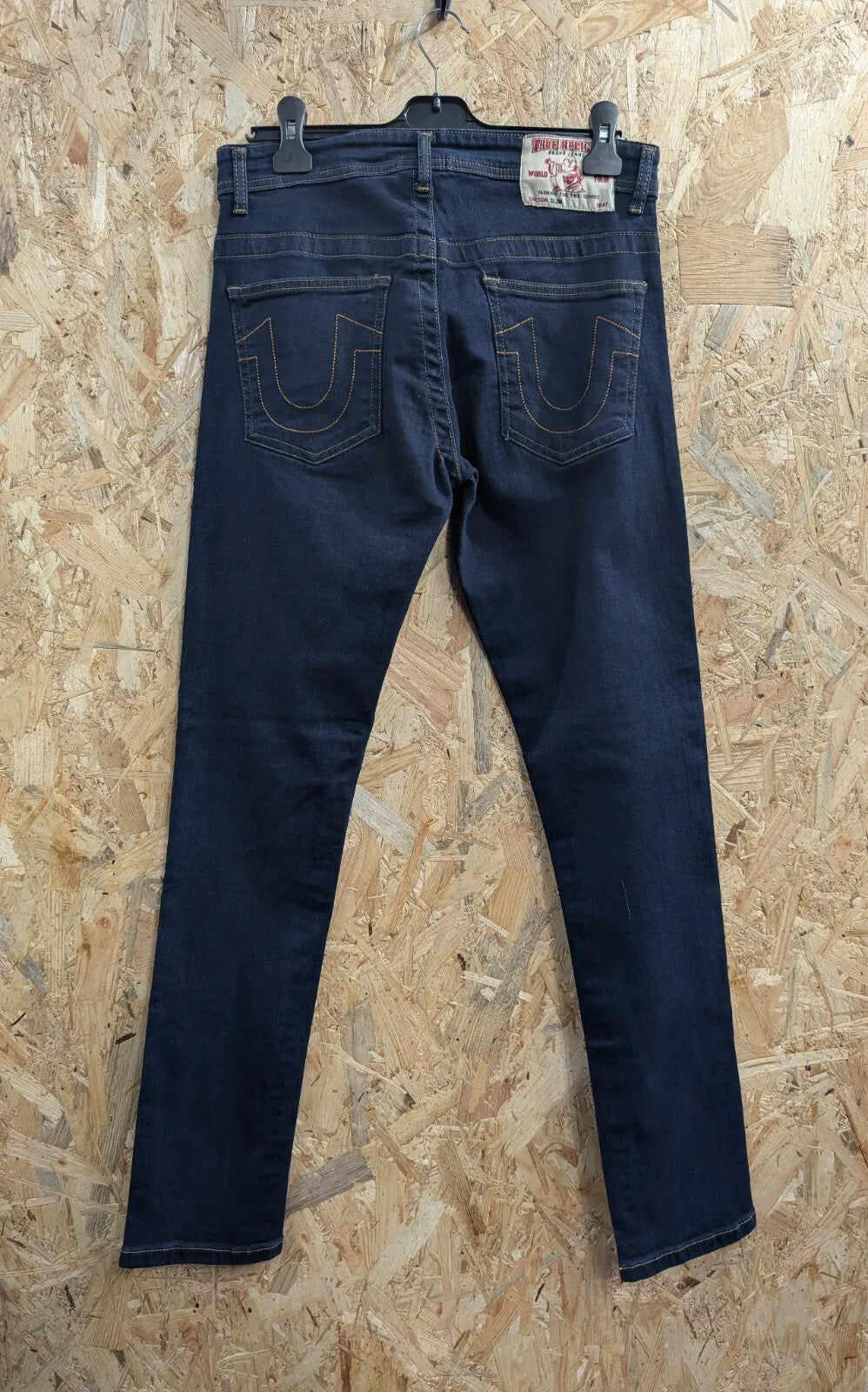 True Religion Slim Jeans Mens W32 L32 Navy Blue Straight Denim Button USA Made