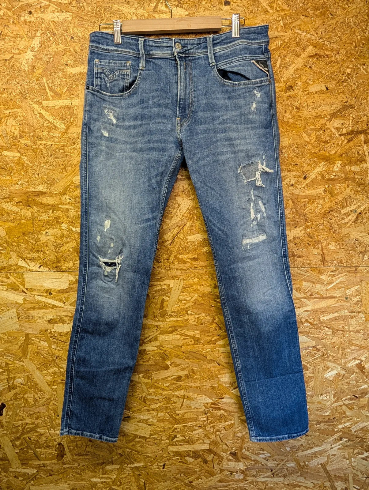 Replay Anbass Slim Jeans W32 L32 Blue Denim Distressed Organic Cotton Straight