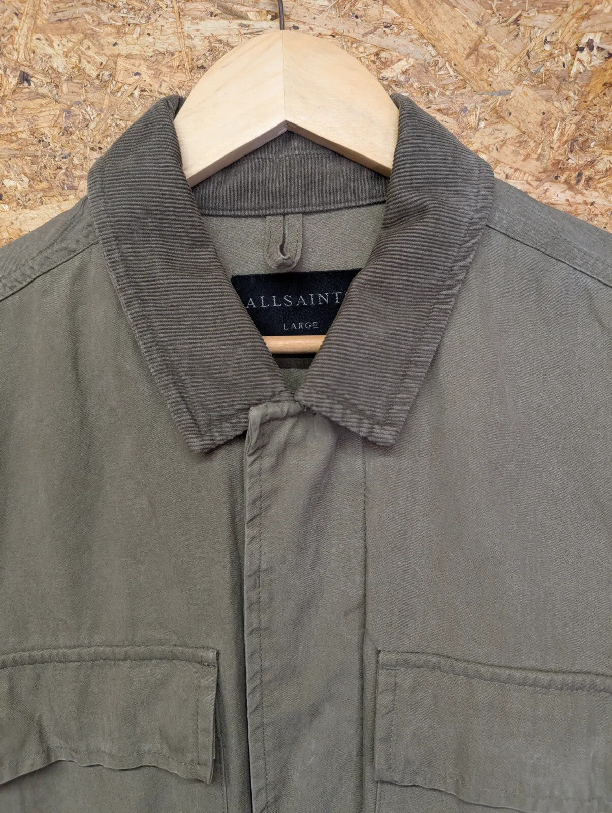 All saints Shirt Chore Jacket Mens Large Olive Green Cotton Ribbed Cord Collar